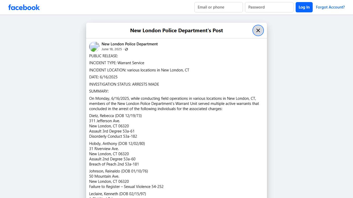 PUBLIC RELEASE: INCIDENT... - New London Police Department Facebook